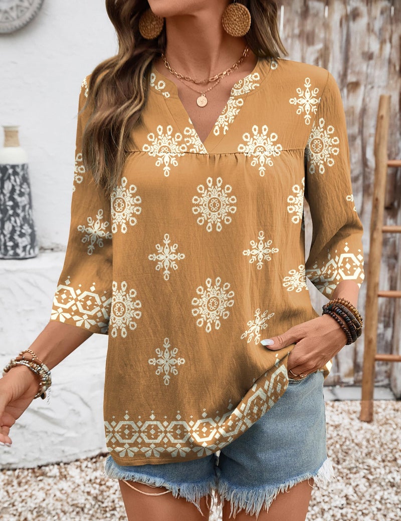 Rapbin Cute Tops for Women 3/4 Sleeve Summer Outfits for Women 2026 V Neck Womens Business Casual Clothing Spring Break Tops Boho Khaki M - Image 5