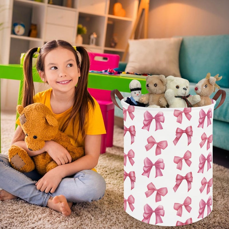 FXOCSHE Bow laundry basket for girls,Nursery Hamper,Pink Laundry Hamper,Waterproof collapsible canvas laundry basket for girls,Pink Girls Laundry Basket,Living Room Decor(Bowknot) - Image 2