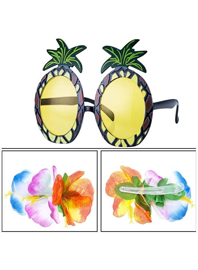 8 Pieces Hula Skirt Costume Kit, Hawaiian Leis Grass with Flowers Bikini Top Bracelets Necklace Hair Clip Pineapple Sunglasses for and Beach Party, Masquerade  - Image 3