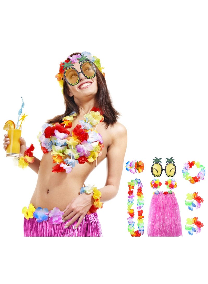 8 Pieces Hula Skirt Costume Kit, Hawaiian Leis Grass with Flowers Bikini Top Bracelets Necklace Hair Clip Pineapple Sunglasses for and Beach Party, Masquerade  - Image 1