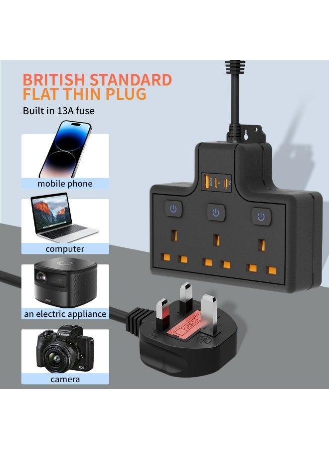 UK Plug Power Strip with 3 Separate Switches & Charging Ports - Image 5