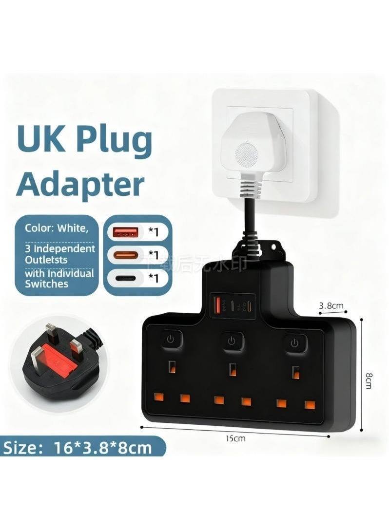 UK Plug Power Strip with 3 Separate Switches & Charging Ports - Image 1