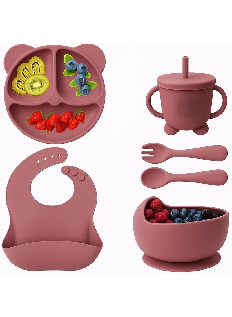 شيكو مجموعة تغذية الأطفال المصنوعة من السيليكون، لوازم الفطام، تتضمن أكواب شفط، أطباق مقسمة، مريلة قابلة للتعديل، أدوات طعام للأطفال، ملاعق، شوك، كوب (كستنائي) - Image 1