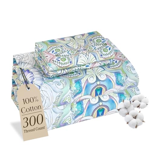 M&Co MCO 100% Cotton Sheet Set Floral Printed, 300 Thread Count Cotton Queen Sheet Set, 16" Deep Pocket, Breathable Cooling Sheets 4 Pieces (Queen, Paisley) - Image 1