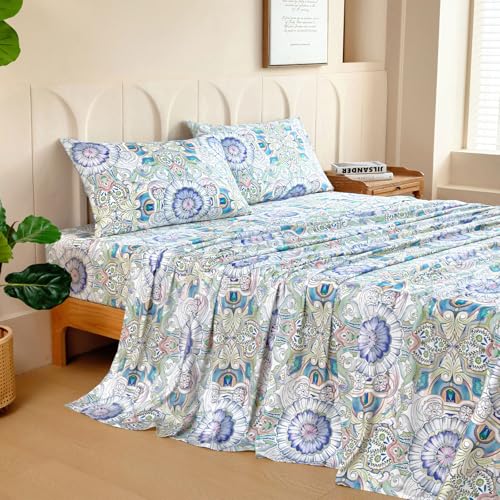 M&Co MCO 100% Cotton Sheet Set Floral Printed, 300 Thread Count Cotton Queen Sheet Set, 16" Deep Pocket, Breathable Cooling Sheets 4 Pieces (Queen, Paisley) - Image 2