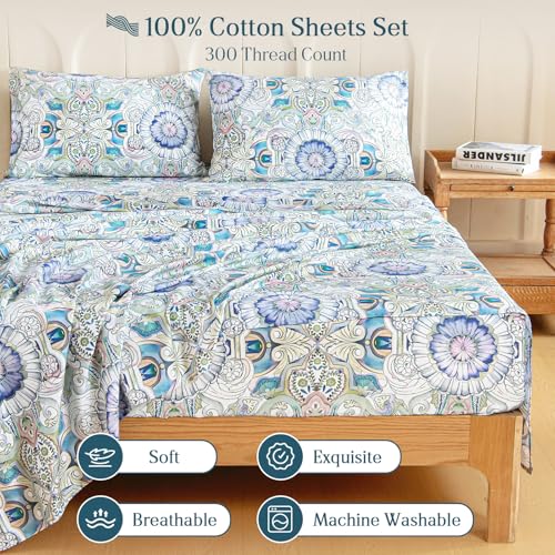 M&Co MCO 100% Cotton Sheet Set Floral Printed, 300 Thread Count Cotton Queen Sheet Set, 16" Deep Pocket, Breathable Cooling Sheets 4 Pieces (Queen, Paisley) - Image 3