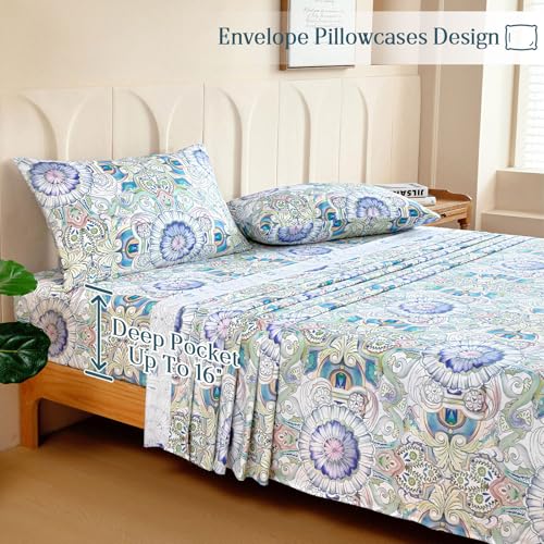 M&Co MCO 100% Cotton Sheet Set Floral Printed, 300 Thread Count Cotton Queen Sheet Set, 16" Deep Pocket, Breathable Cooling Sheets 4 Pieces (Queen, Paisley) - Image 4
