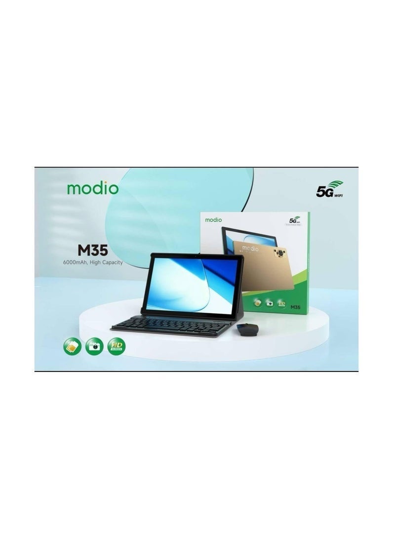 Modio M35 10″ Android Tablet | 8GB RAM + 512GB ROM | Dual SIM 5G & Wi-Fi | Includes Keyboard, Mouse & Back Cover | Slim Design, Dual Camera | Study & Entertainment – Gold - Image 1