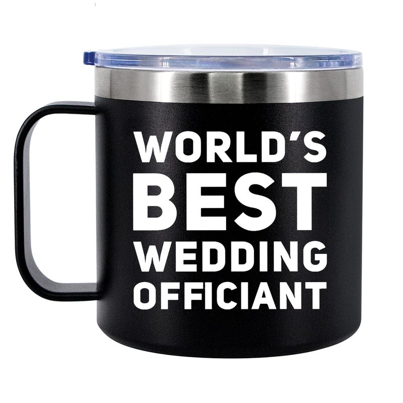 Panvola World's Best Wedding Officiant From Bride Groom Anniversary Souvenir Pastor Minister Insulated Coffee Cup 14oz With Handle And Lid 304 Stainless Steel Camping Travel Thermal Mugs - Black - Image 1
