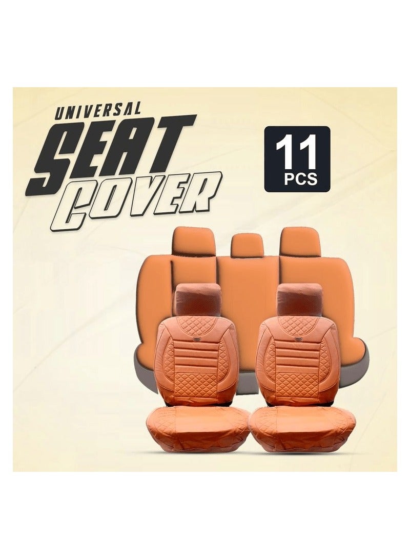 SPIDER High-Quality Rexine Premium Version Universal Seat Cover Cushion For Front / Back Seat and Head Rest 11 Pcs Set (Brown With Stripes Design) - Image 1