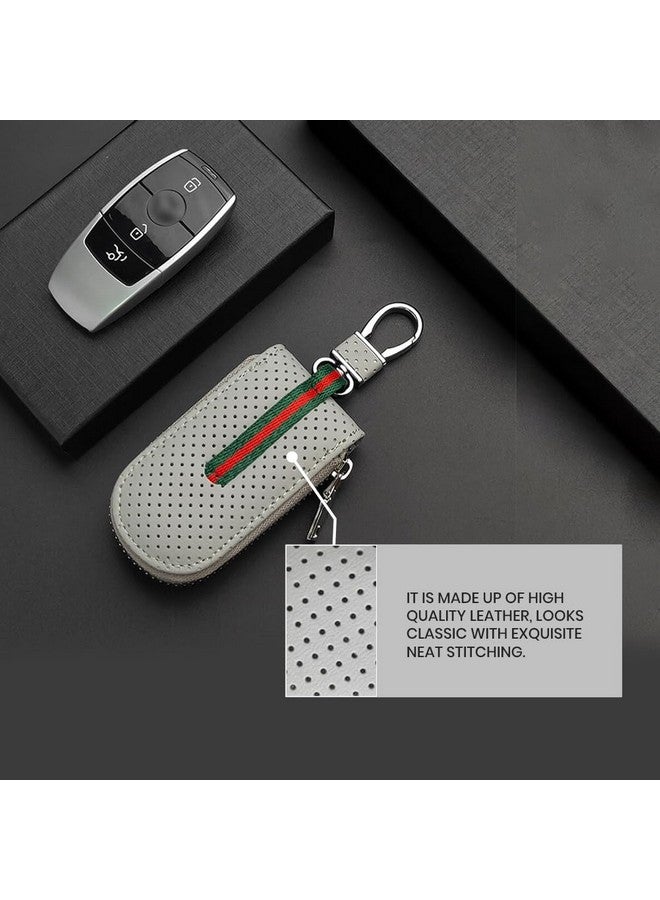 keyzone Unisex Mens Womens Premium Port Pattern Leather Car Key Holder pouch Bag Keychain Case Wallet with Zipper Closure (Brown) - Image 3