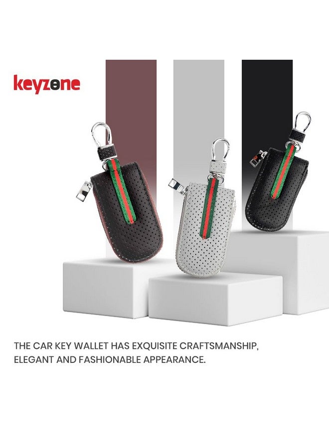 keyzone Unisex Mens Womens Premium Port Pattern Leather Car Key Holder pouch Bag Keychain Case Wallet with Zipper Closure (Brown) - Image 2