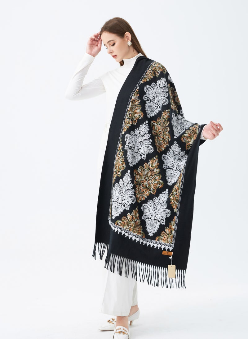 Sky cashmere Embroidered Shawl with Fringe - Black - Image 2