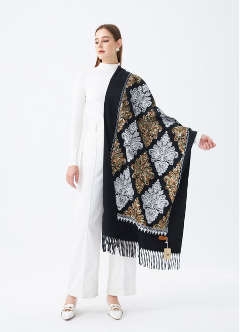 Embroidered Shawl with Fringe - Black