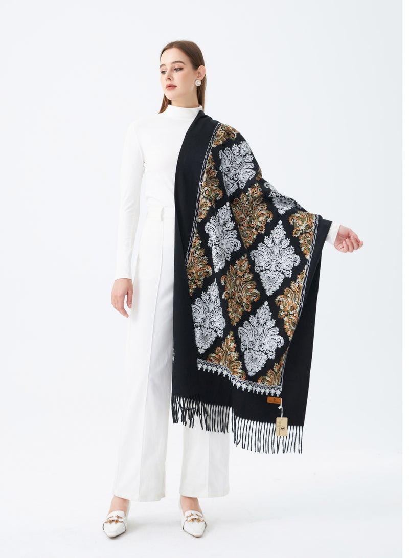 Sky cashmere Embroidered Shawl with Fringe - Black - Image 1