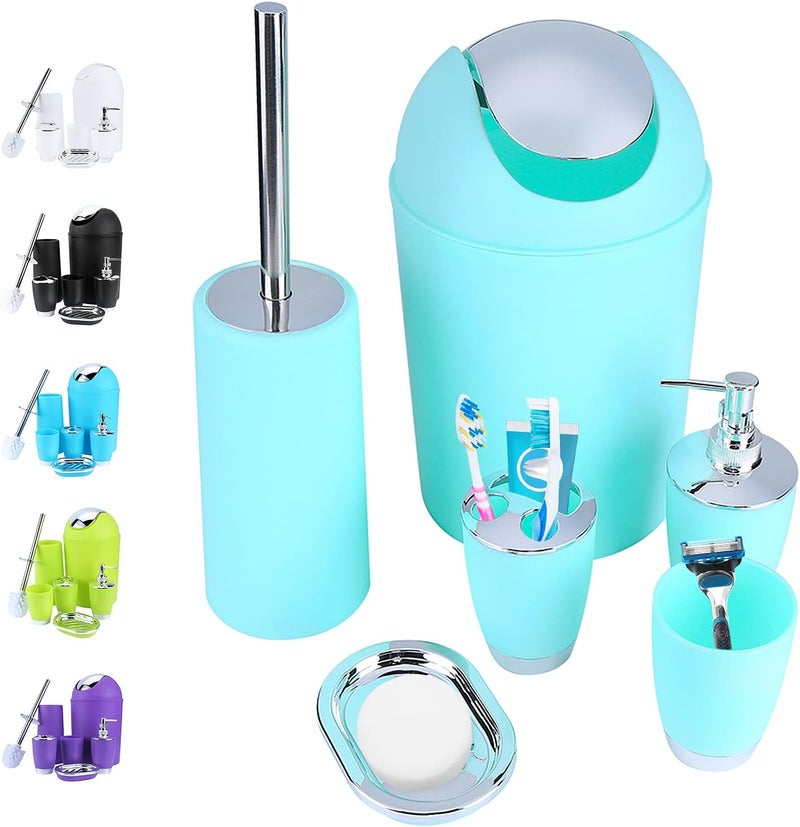 klarako 6 Piece Bathroom Accessories Set, Plastic Bath Ensemble Bath Set Includes Lotion Bottles, Toothbrush Holder, Tooth Mug, Soap Dish, Toilet Brush, Trash Can for Decorative Countertop Housewarming Gift - Image 1