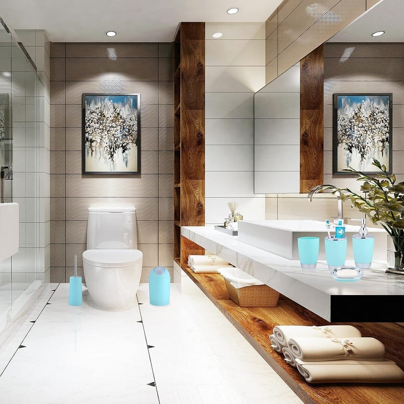 klarako 6 Piece Bathroom Accessories Set, Plastic Bath Ensemble Bath Set Includes Lotion Bottles, Toothbrush Holder, Tooth Mug, Soap Dish, Toilet Brush, Trash Can for Decorative Countertop Housewarming Gift - Image 4