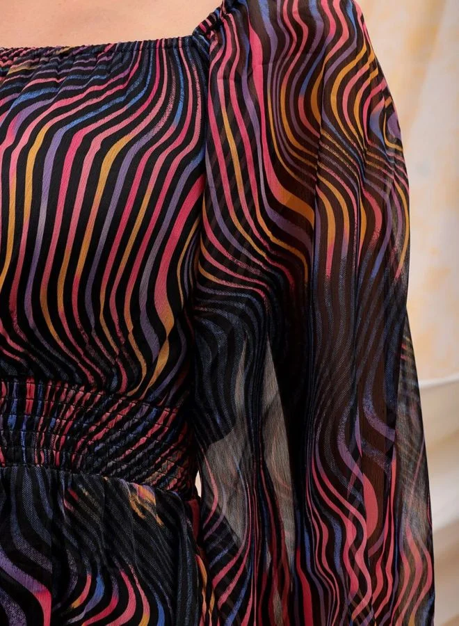 Freehand  Women Fit and Flared Printed Scoop Neck Long Sleeve Mini Dress for Women | Best Price UAE