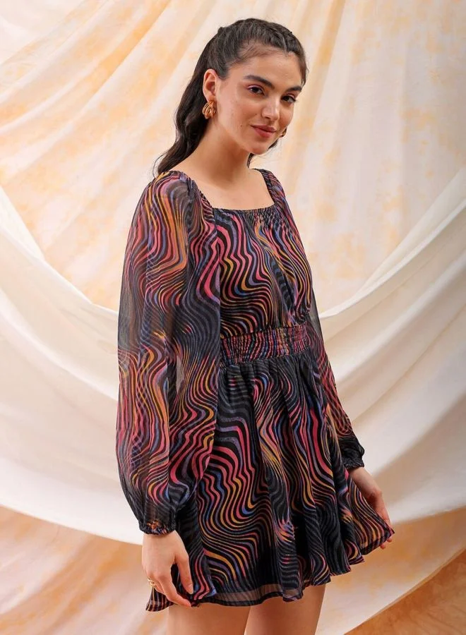 Freehand  Women Fit and Flared Printed Scoop Neck Long Sleeve Mini Dress for Women | Best Price UAE