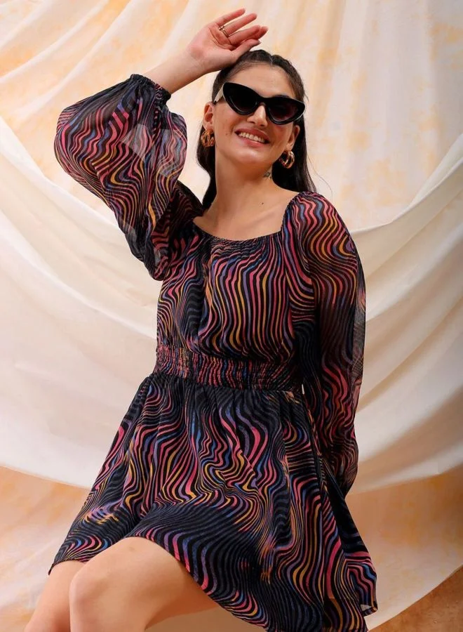 Freehand  Women Fit and Flared Printed Scoop Neck Long Sleeve Mini Dress for Women | Best Price UAE