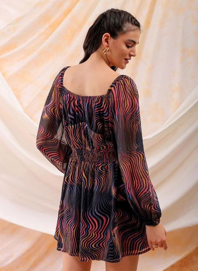 Freehand  Women Fit and Flared Printed Scoop Neck Long Sleeve Mini Dress for Women | Best Price UAE
