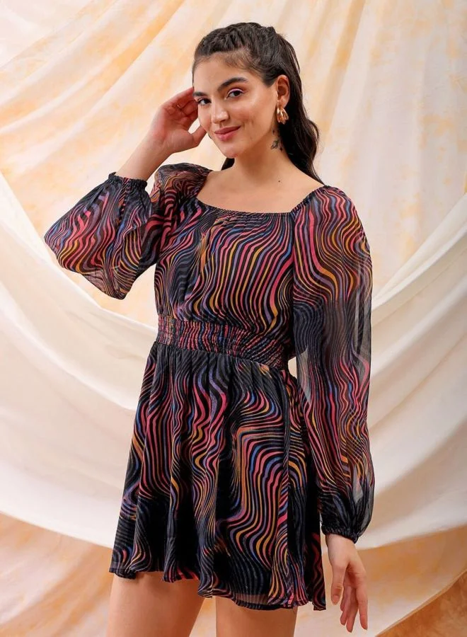 Freehand  Women Fit and Flared Printed Scoop Neck Long Sleeve Mini Dress for Women | Best Price UAE