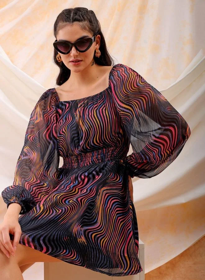 Women Fit and Flared Printed Scoop Neck Long Sleeve Mini Dress