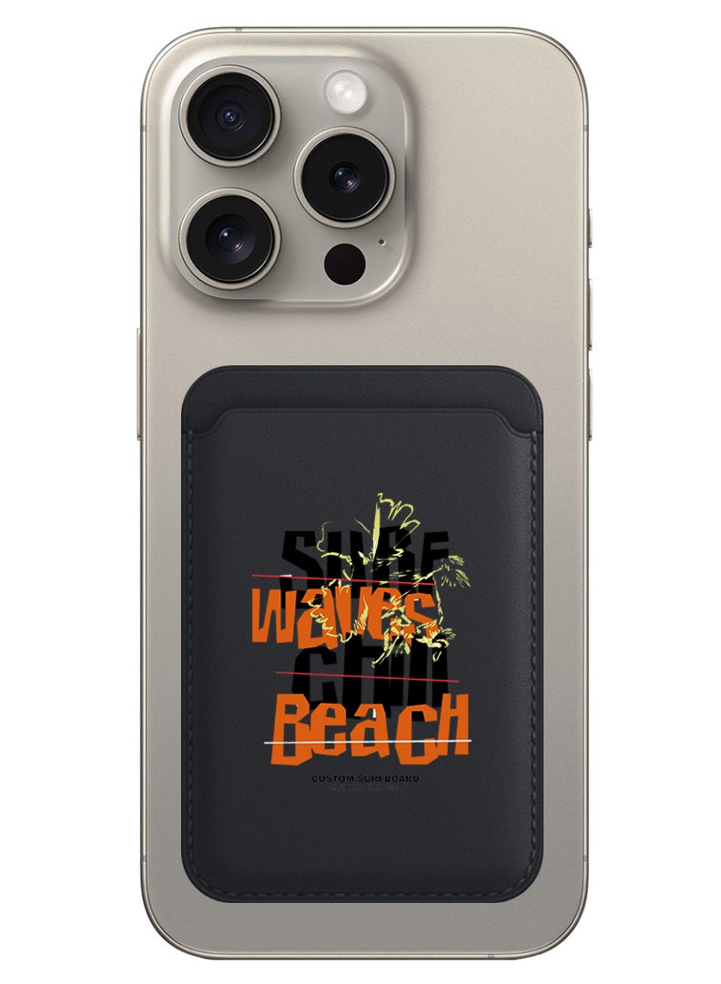 Theodor Magnetic Wallet, Compatible with MagSafe Wallet, for iPhone Wallet, for iPhone 16/15/14/13/12 Series, Not for iPhone 13/12 mini, 3 Card Holder, Vegan Leather, Black - Surf waves chill beach black - Image 1