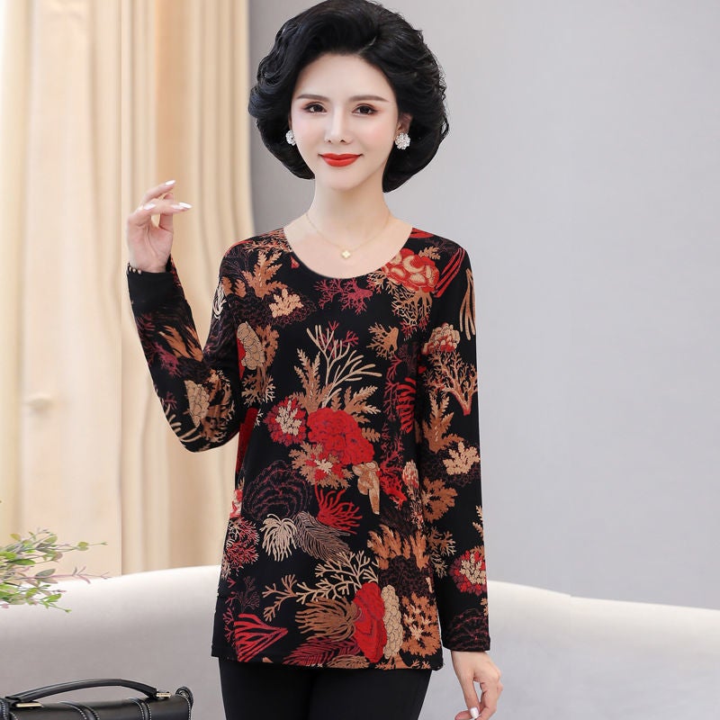 Middle-aged and elderly mothers wear round neck long-sleeved T-shirt fashionable printed mid-length bottoming shirt young spring and autumn new top - Image 5