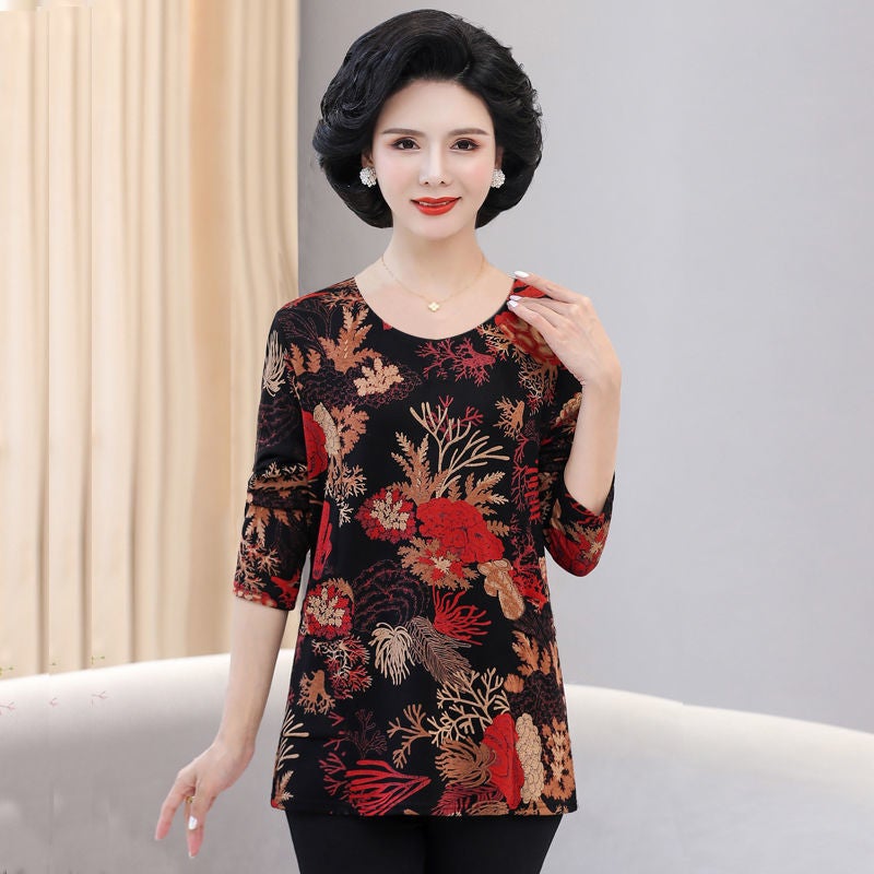 Middle-aged and elderly mothers wear round neck long-sleeved T-shirt fashionable printed mid-length bottoming shirt young spring and autumn new top - Image 3