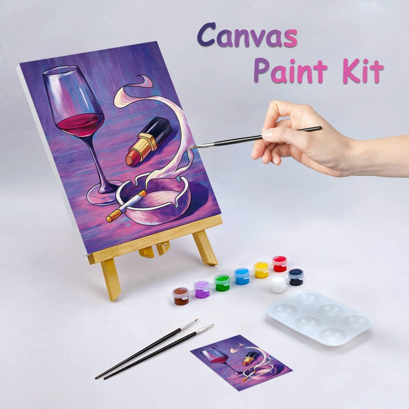 Nuberlic Canvas Painting Kit Paint and Sip Kit for Adults Pre Drawn Canvas for Painting DIY Paint Kit for Party Favor Wine Glass, Lipstic Painting Artworkï¼ˆ8x10ï¼‰ - Image 2
