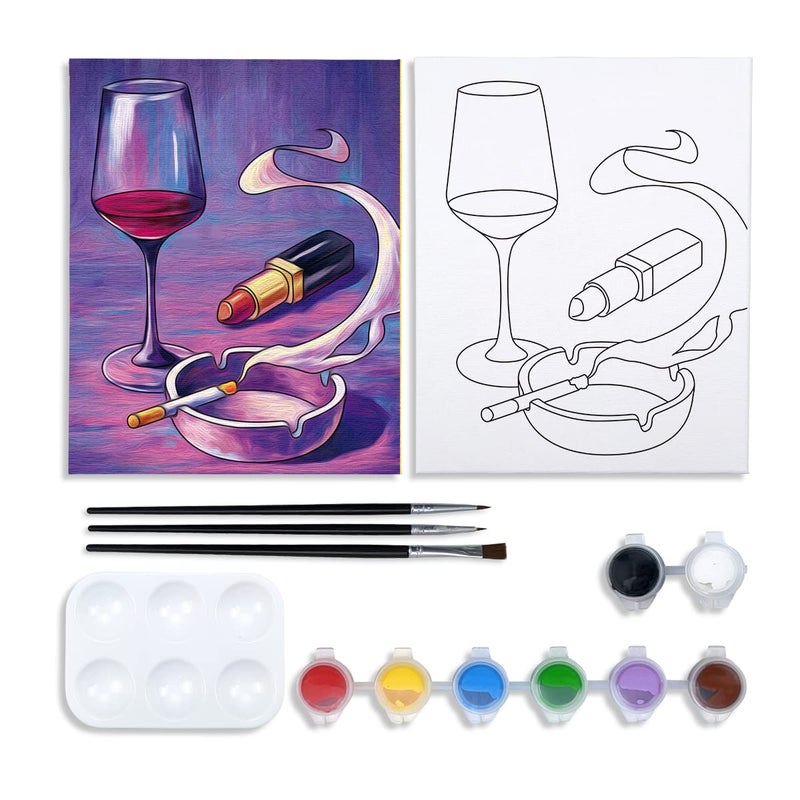 Nuberlic Canvas Painting Kit Paint and Sip Kit for Adults Pre Drawn Canvas for Painting DIY Paint Kit for Party Favor Wine Glass, Lipstic Painting Artworkï¼ˆ8x10ï¼‰ - Image 1