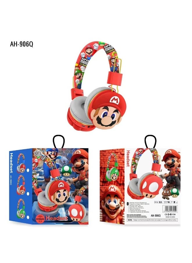 Upgraded red and blue Mario pattern children's bluetooth wireless earphones, children's noise-canceling wireless earphones, suitable for TF card, mobile phone, tablet