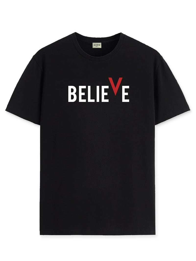 adro تي شيرت قطن أسود مطبوع للرجال من ADRO مع رسمة 'BELIEVE' - Image 3