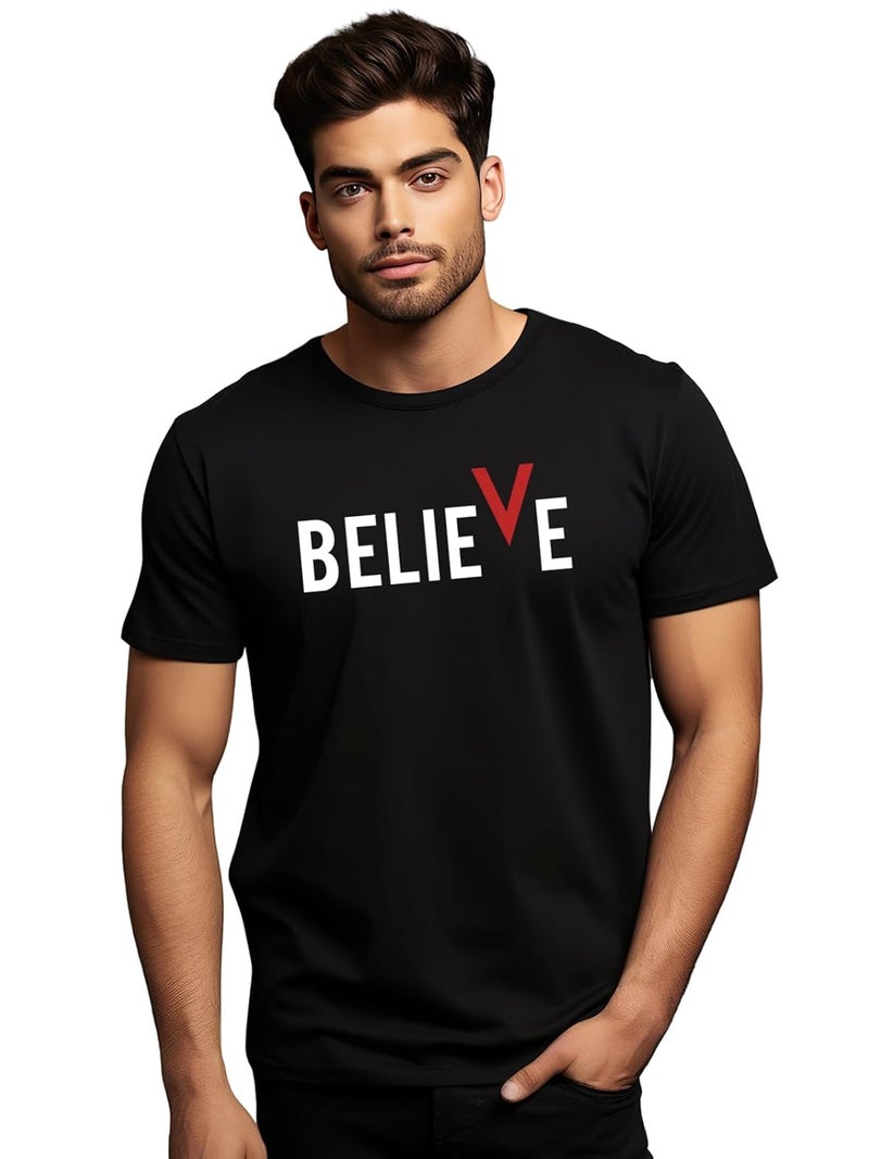 adro تي شيرت قطن أسود مطبوع للرجال من ADRO مع رسمة 'BELIEVE' - Image 1