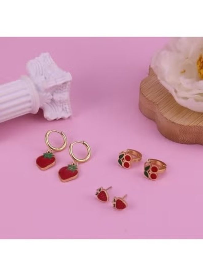 Stainless Steel Fruit Earring Set for Standard Pierced Ears, 3-in-1 3-Pair Earring Set with 6 Individual Earrings, Gold-Tone Fruit Jewelry with Glossy Red Fruit Enamel and Green Stem and Leaf Enamel Details for Women, Teens and Girls, Includes Strawberry Charm Dangle Huggie Hoop Earrings and Strawberry Drop Earrings, Small Cherry Motif Huggie Hoop Earrings and Cherry Hoop Earrings in a Pierced Ear-Cuff Style - Image 5