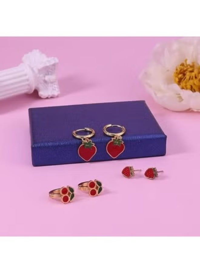 Stainless Steel Fruit Earring Set for Standard Pierced Ears, 3-in-1 3-Pair Earring Set with 6 Individual Earrings, Gold-Tone Fruit Jewelry with Glossy Red Fruit Enamel and Green Stem and Leaf Enamel Details for Women, Teens and Girls, Includes Strawberry Charm Dangle Huggie Hoop Earrings and Strawberry Drop Earrings, Small Cherry Motif Huggie Hoop Earrings and Cherry Hoop Earrings in a Pierced Ear-Cuff Style - Image 4