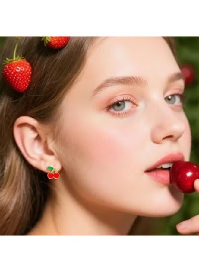 Stainless Steel Fruit Earring Set for Standard Pierced Ears, 3-in-1 3-Pair Earring Set with 6 Individual Earrings, Gold-Tone Fruit Jewelry with Glossy Red Fruit Enamel and Green Stem and Leaf Enamel Details for Women, Teens and Girls, Includes Strawberry Charm Dangle Huggie Hoop Earrings and Strawberry Drop Earrings, Small Cherry Motif Huggie Hoop Earrings and Cherry Hoop Earrings in a Pierced Ear-Cuff Style - Image 2