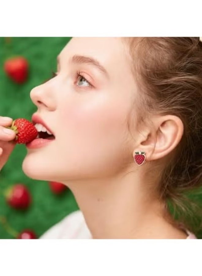 Stainless Steel Fruit Earring Set for Standard Pierced Ears, 3-in-1 3-Pair Earring Set with 6 Individual Earrings, Gold-Tone Fruit Jewelry with Glossy Red Fruit Enamel and Green Stem and Leaf Enamel Details for Women, Teens and Girls, Includes Strawberry Charm Dangle Huggie Hoop Earrings and Strawberry Drop Earrings, Small Cherry Motif Huggie Hoop Earrings and Cherry Hoop Earrings in a Pierced Ear-Cuff Style - Image 3