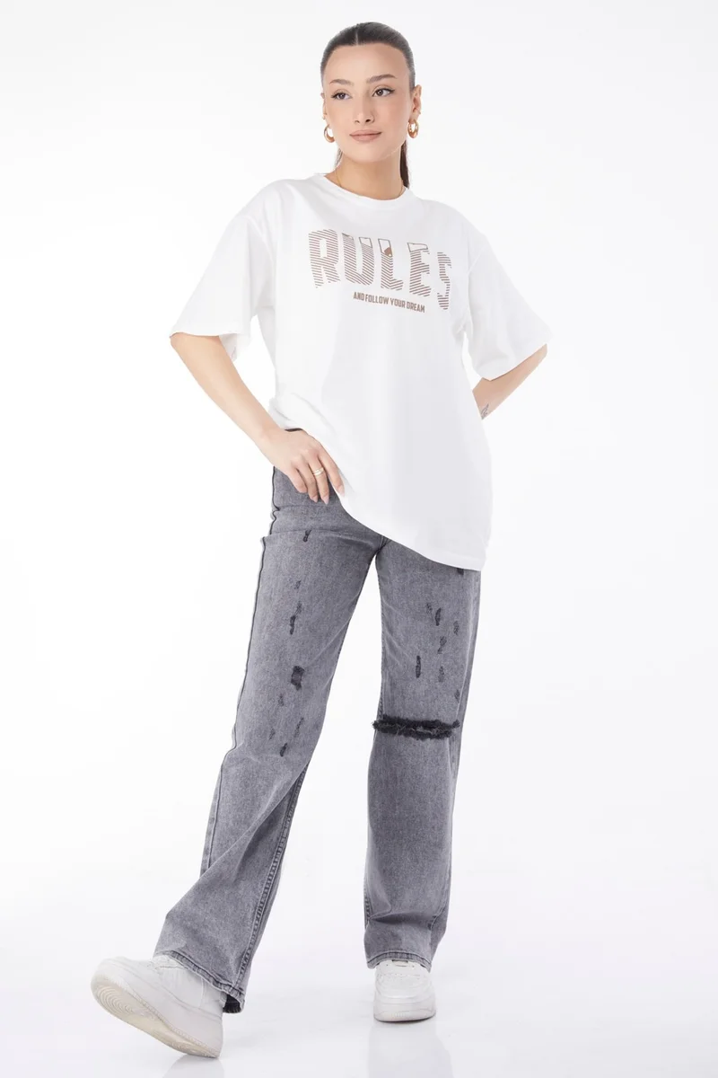 Tofisa 24631-WHITE Crew Neck Short Sleeve Printed T-Shirt