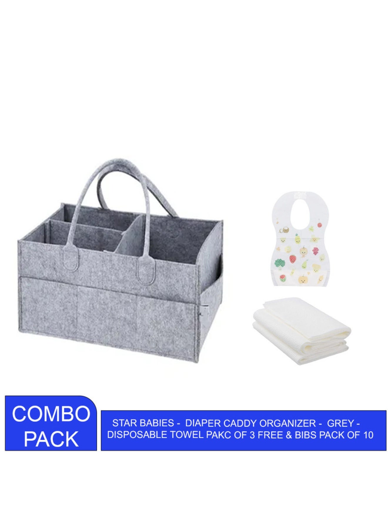 STAR BABiES Combo Pack Pack Caddy Diaper Organizer Disposable Towel 3Pcs Bibs 10Pcs Grey