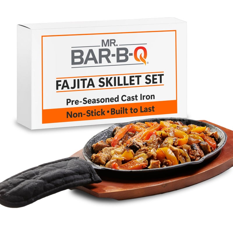 Mr. Bar-B-Q Mr BarBQ Cast Iron Fajita Skillets Set PreSeasoned NonStick Sizzling Plate Wooden Base wCloth Handle Sizzler Steak Plate Cast Iron Skillets for Diners Bar Restaurants Caterings  Parties 