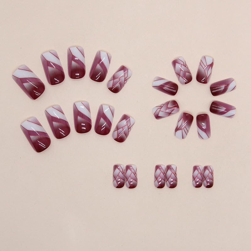 QQPPOLIU Square Press on Nails Glossy Short Length Geometry Purple and White Glue on Nail with Broken Glass Design for Women 24 Pcs - Image 5