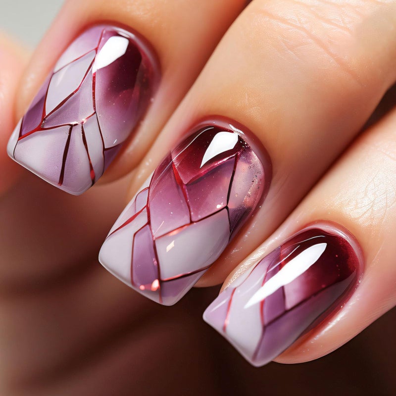 QQPPOLIU Square Press on Nails Glossy Short Length Geometry Purple and White Glue on Nail with Broken Glass Design for Women 24 Pcs - Image 1