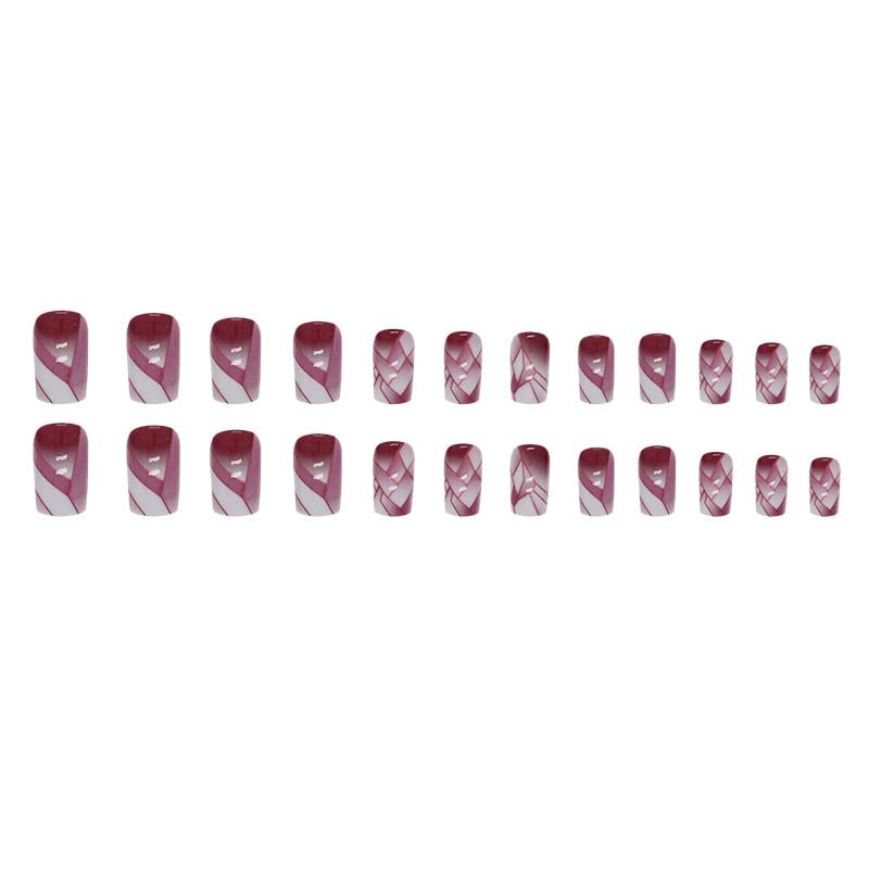 QQPPOLIU Square Press on Nails Glossy Short Length Geometry Purple and White Glue on Nail with Broken Glass Design for Women 24 Pcs - Image 4