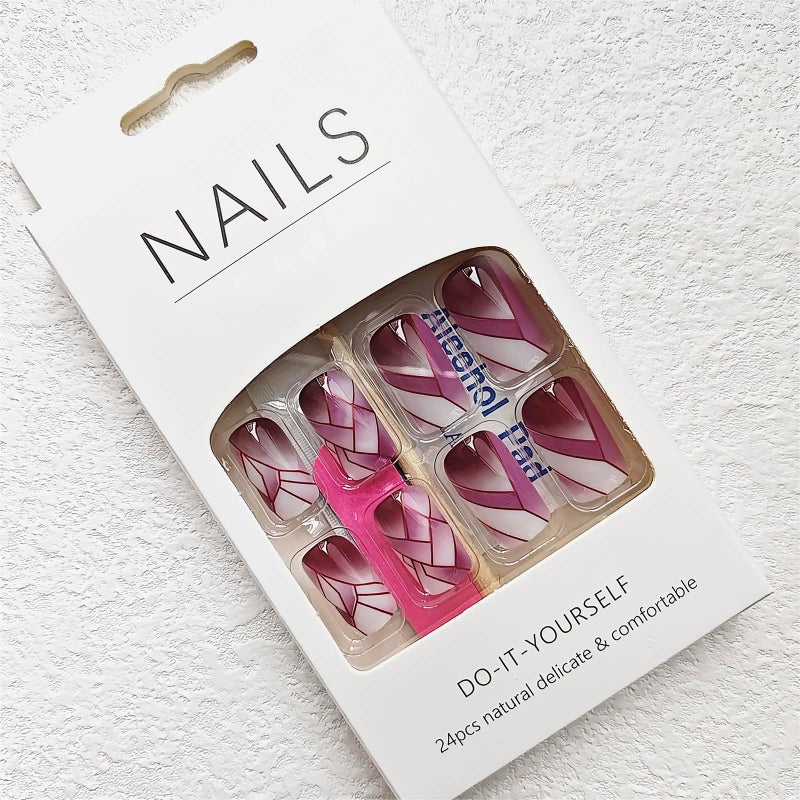 QQPPOLIU Square Press on Nails Glossy Short Length Geometry Purple and White Glue on Nail with Broken Glass Design for Women 24 Pcs - Image 2