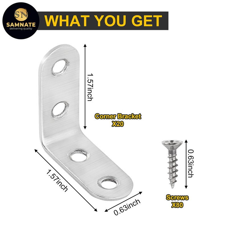 SAMNATE Stainless Steel L Brackets 40Ã—40Ã—16X2mm â€“ Right Angle Corner Brace with Screws, 90 Degree Small Metal Shelf Brackets for Wood, Furniture, Cabinet, DIY Reinforcement (20 Pack) - Image 2