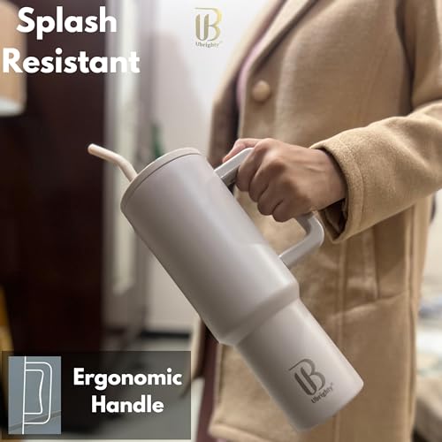 Ubrighty Tumbler With Straw And Lid | Single Ps Sipper Bottle | 1200ML Stainless Steel Water Tumbler Insulated Hot And Cold With Handle Leak Proof Cup Cupholder For Gym office Travelling women (CREEM) - Image 2