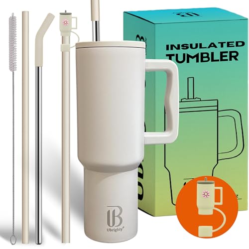 Ubrighty Tumbler With Straw And Lid | Single Ps Sipper Bottle | 1200ML Stainless Steel Water Tumbler Insulated Hot And Cold With Handle Leak Proof Cup Cupholder For Gym office Travelling women (CREEM) - Image 1