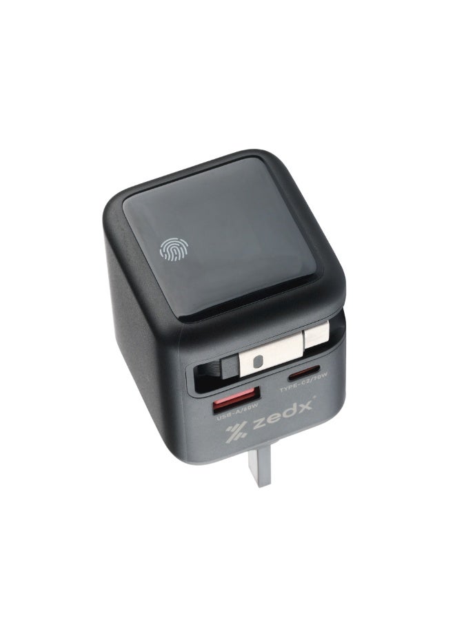ZEDX ZE-09 PowerCube70 GaN Wall Charger 70W PD + 60W QC Fast Charging Adapter with Retractable Type-C Cable UK Plug Black - Image 3